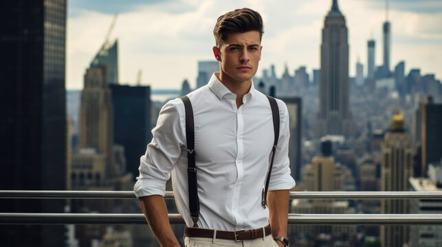 Photo of a handsome man in a stylish white classic shirt against the backdrop of the city. Style and fashion concept.