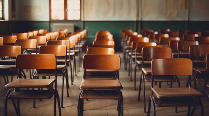 Empty vintage classroom, back-to-school concept in a high school setting. Nostalgia and traditional...