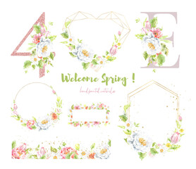 Watercolor Easter floral bouquet,frame, border, letter, number tumber promo set illustration, spring flower composition clipart arrangement. Botanical spring flower frame, peony,rose,baby shower, 