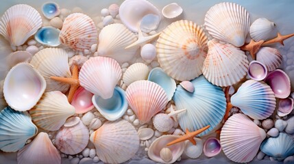 background of a variety of beautiful seashells. - obrazy, fototapety, plakaty