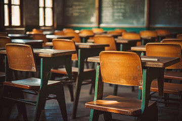 Empty vintage classroom, back-to-school concept in a high school setting. Nostalgia and traditional education, making it perfect for educational and vintage-themed projects.