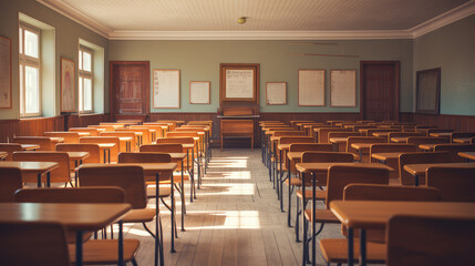 Empty vintage classroom, back-to-school concept in a high school setting. Nostalgia and traditional education, making it perfect for educational and vintage-themed projects.