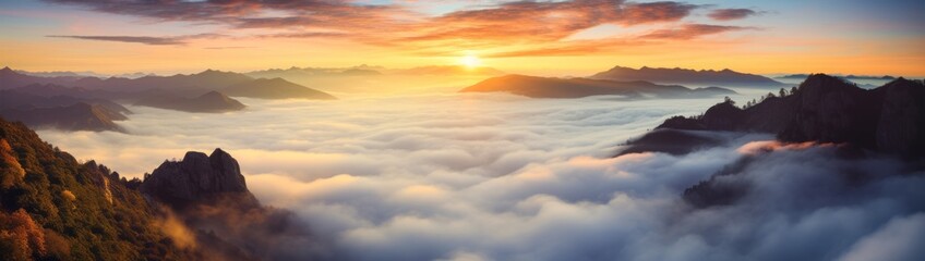 Fototapeta na wymiar Sunset / Sunrise at Autumnal Fog Mountain Range Landscape Banner