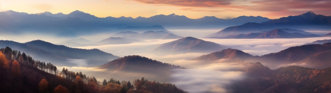 Sunset / Sunrise at Autumnal Fog Mountain Range Landscape Banner