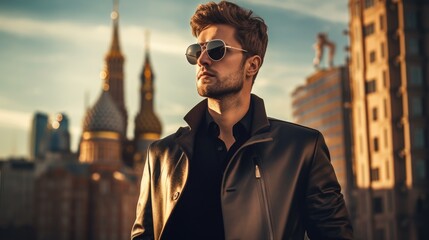 Photo of a handsome man in stylish clothes against the backdrop of the city. Style and fashion...