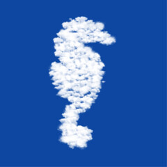 Obraz premium Clouds in the shape of a sea horse symbol on a blue sky background. A symbol consisting of clouds in the center. Vector illustration on blue background