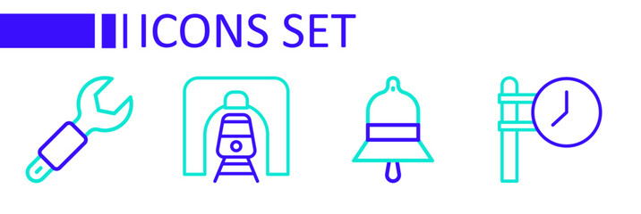 Set line Train station clock, bell, railway tunnel and Wrench spanner icon. Vector