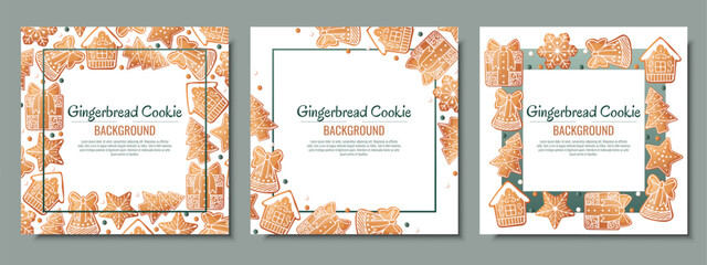 Set of Christmas background with gingerbread house, gift, snowflake, fir tree. Greeting card with cookies in glaze. Flyer, banner poster for invitation