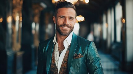 Obraz premium photo, a man in stylish fashionable clothes and with a perfect smile against the backdrop of a big city