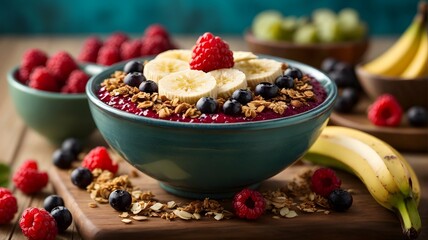 Overhead view of acai, banana, berries and granola in a bowl on a wood table. Soft daylight illumination enhances vibrancy.