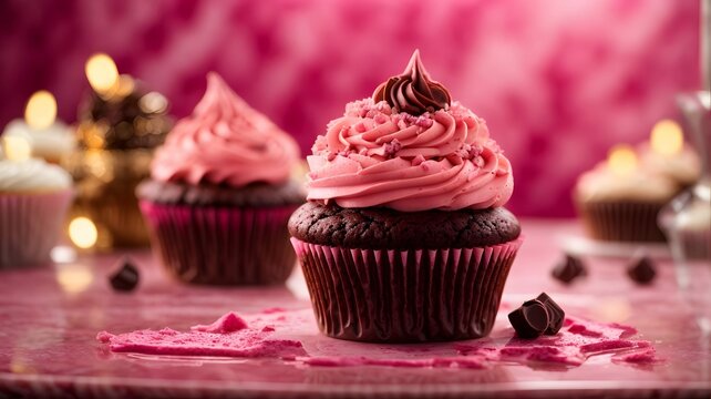 A decadent chocolate cupcake with smooth pink icing photographed on a pink marble surface. Side lighting defines ridges and glossy decoration.

