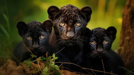 Gordijnen Family of black panthers in the wild © Veniamin Kraskov