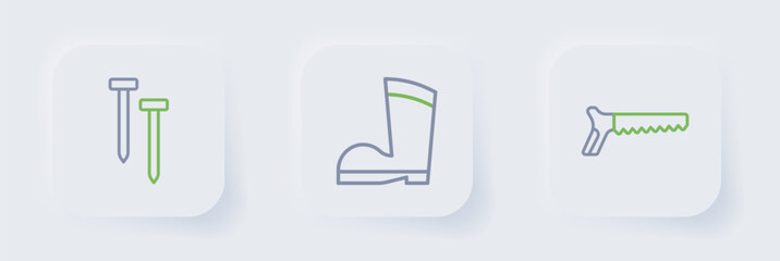 Set line Hand saw, Waterproof rubber boot and Metallic nails icon. Vector