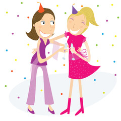 Two girl friends at a party celebrating the new year or other party, making a champagne toast. Vector Illustration.