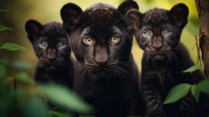 Raamstickers Family of black panthers in the wild © Veniamin Kraskov