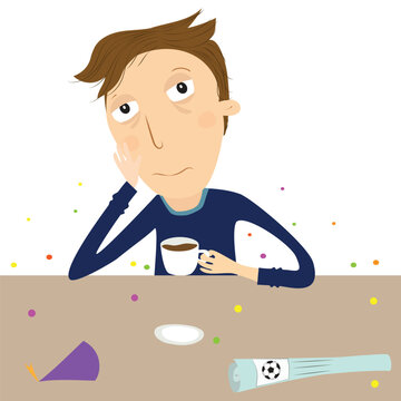 Man after new year party, or other party, sleepy or with hangover drinking coffee. Vector Illustration.