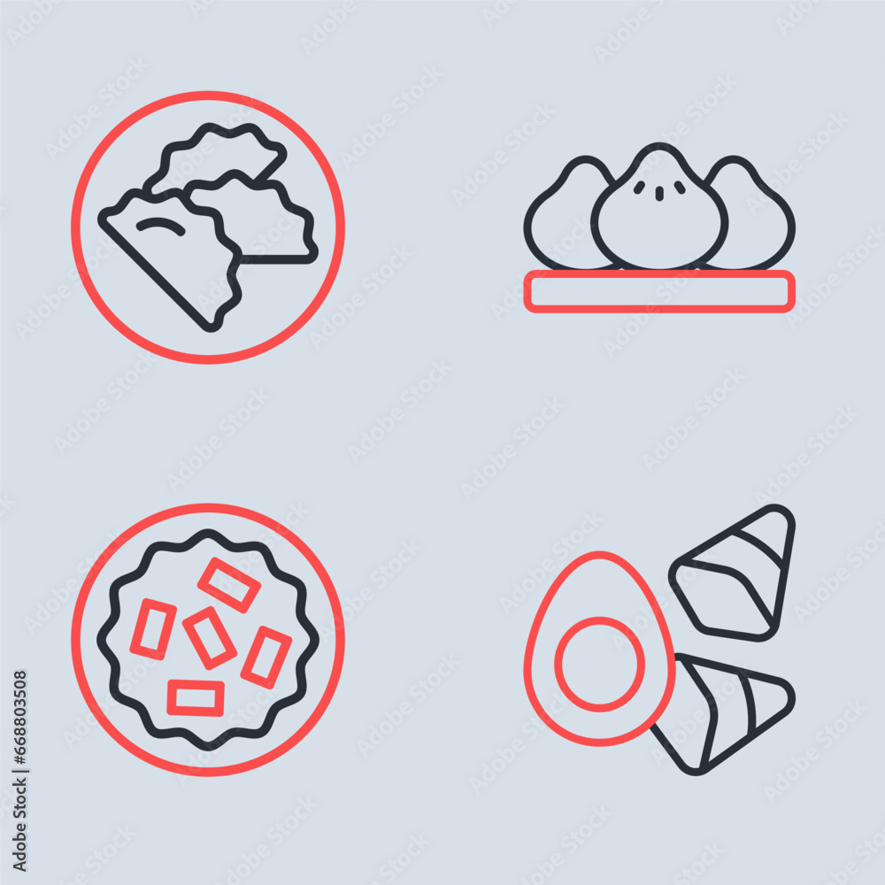 Sticker Set line Dumpling, Homemade pie, Chicken egg with vegerables and icon. Vector