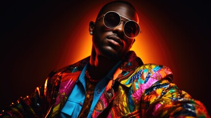 portrait of a young African man wearing fashionable glasses and colorful bright neon lights, on a...