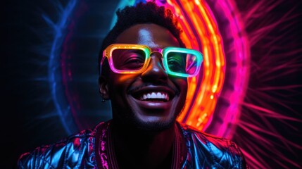 portrait of a young African man wearing fashionable glasses and colorful bright neon lights, on a black background