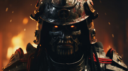 A menacing samurai in a helmet