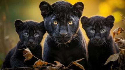 Raamstickers Family of black panthers in the wild © Veniamin Kraskov