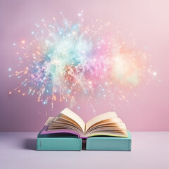 Colorful books with sprinkles and fireworks. Books as a gift. Pastel rainbow colors. The concept of Christmas and New Year book sales, book fairs, poetry and good novels. - obrazy, fototapety, plakaty