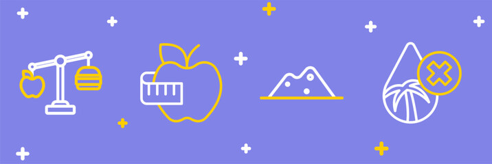 Set line Palm oil free, Salt, Apple and measuring tape and Calorie calculator icon. Vector