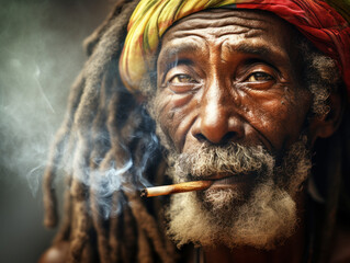 Elderly Rastafarian man smoking a cannabis 