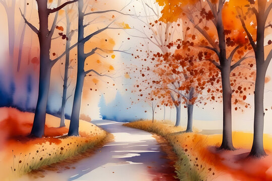Autumn forest landscape. Watercolor painting of a park in the fall. Colorful orange, yellow, and red leaves and trees.
