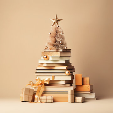 Colorful books arranged in the shape of a Christmas tree on pastel beige background. Creative Chirstmas scene in a minimalist style. Holiday book sale or black friday concept.