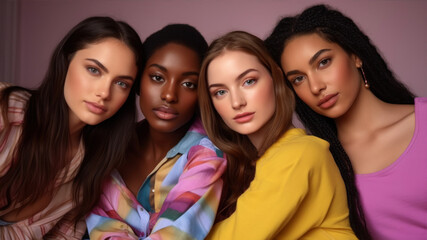 Obraz premium Portrait of four multiethnic women in colorful clothes looking at camera