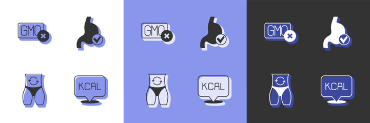 Set Kcal, No GMO, Metabolism and Human stomach health icon. Vector