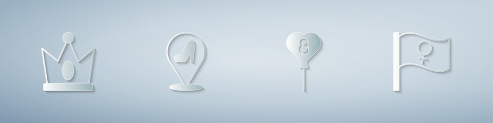 Set King crown, Woman shoe, Balloons with 8 March and Feminist activist. Paper art style. Vector