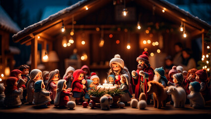 Incredibly detailed Christmas amigurumi and Nativity scenes made of plastic dolls with perfect composition and intricate beauty are trending on ArtStation