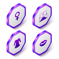 Set Isometric Female gender symbol, Envelope with 8 March, Woman dress and Smiling lips icon. Purple hexagon button. Vector