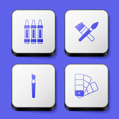 Set Wax crayons for drawing, Paint brush, and Color palette guide icon. White square button. Vector