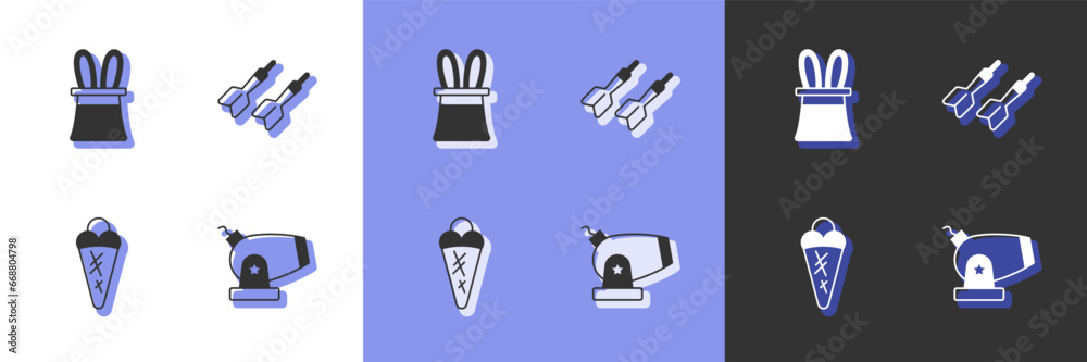 Canvas Prints Set Cannon, Magician hat and rabbit ears, Ice cream in waffle and Dart arrow icon. Vector