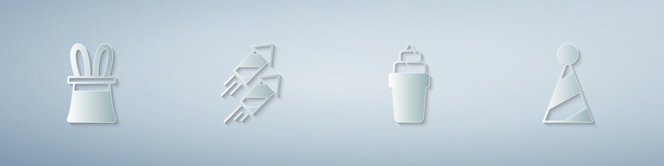 Set Magician hat and rabbit ears, Firework rocket, Ice cream in waffle and Party. Paper art style. Vector