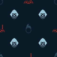 Set Festive mask, Circus fire hoop and Clown head on seamless pattern. Vector