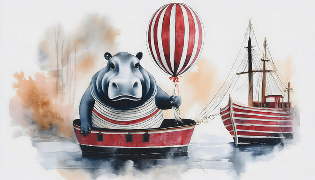 nordic, aquarell, zeichnung, nildpferd, luftballon