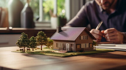 House model and contract, agent and customers discussing to buy or build a house, mortgage, real estate, house keys
