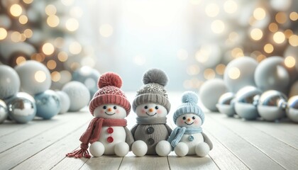 snowmen in funny hats sitting on the floor in the christmas interior on the bokeh background