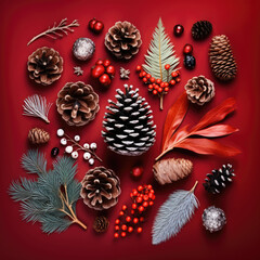 Christmas background, flat lay, pine cone, twigs, berries, card background, seasons greetings, blank space
