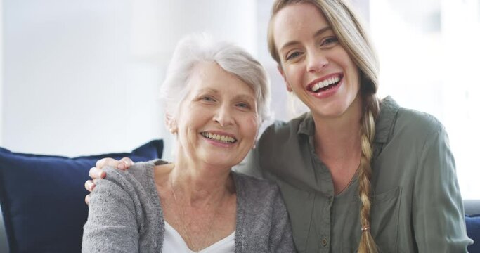 Senior, woman and daughter with hug, smile and support for retirement, compassion and care in nursing home. Elderly, person or girl with embrace, meeting and happiness at hospice or facility with joy