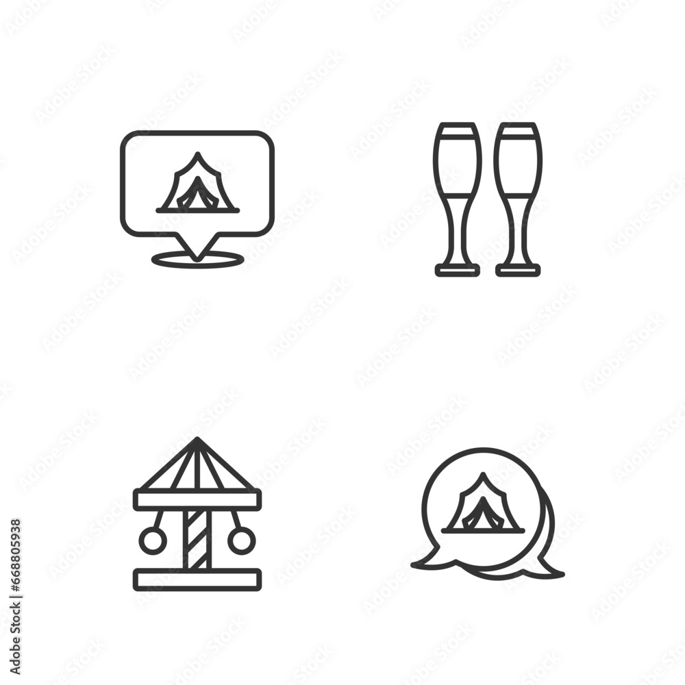 Sticker Set line Circus tent, Attraction carousel, and Bowling pin icon. Vector