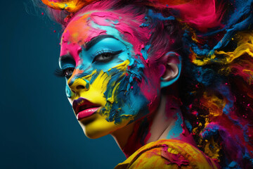 Fototapeta premium Close up of a young girl with paint on her face. Concept of creativity, art, painting.