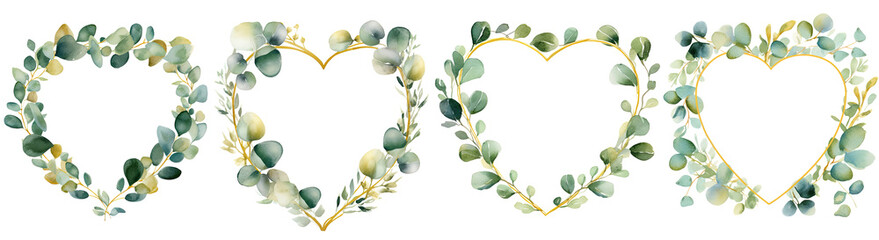 A watercolor eucalyptus leaves wreath frame, love shape golden border Botanical Illustration elegant watercolor illustration , eucalyptus leaves wreath isolated transparent background, PNG - obrazy, fototapety, plakaty