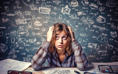 Fototapeta premium A Student child. A funny schoolgirl surrounded by numbers, equations, and math operations