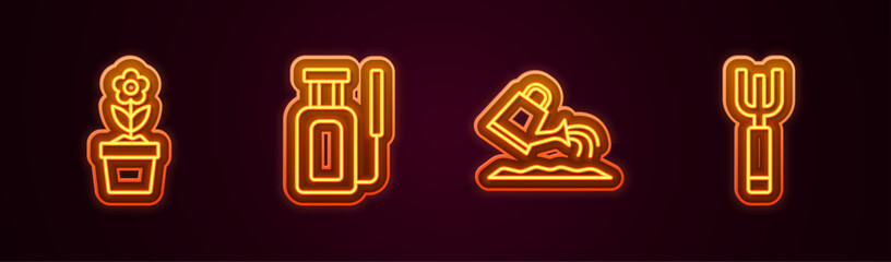 Set line Flower in pot, Garden sprayer for water, Watering can and pitchfork. Glowing neon icon. Vector