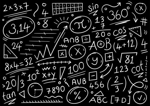 math symbols for business, school, education world. hand drawn math symbols. doodle math symbols on black background. math symbols background